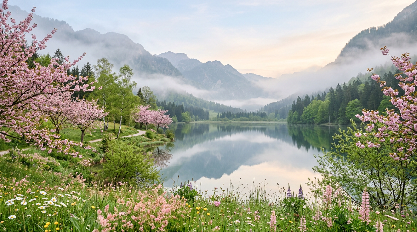 A spring valley with cherry blossoms and wildflowers beside a calm misty lake