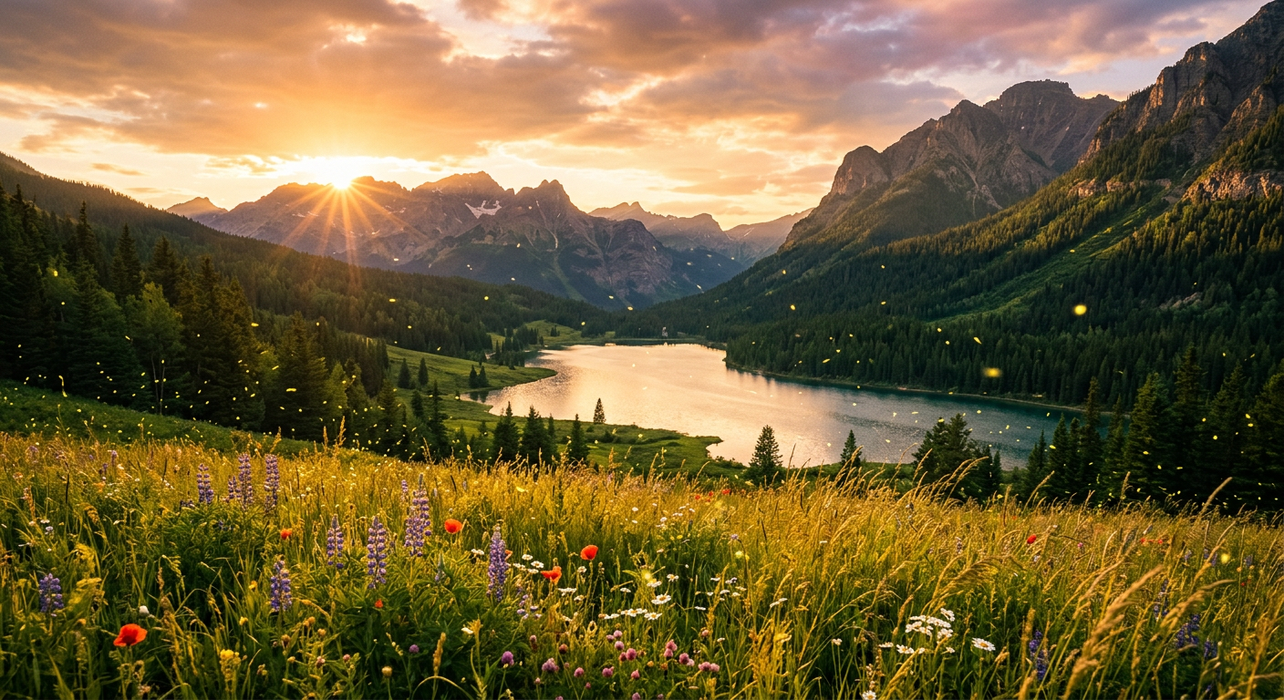 A lush summer valley at sunset with a golden meadow and fireflies above a lake