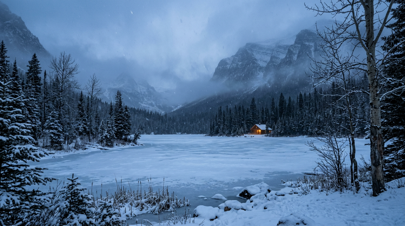 A snowy mountain valley at twilight with a frozen lake and a warm glowing cabin